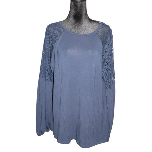 Michael Kors XL Navy Blue Cotton Pullover Top Lace Shoulders and flare sleeves - Picture 1 of 6